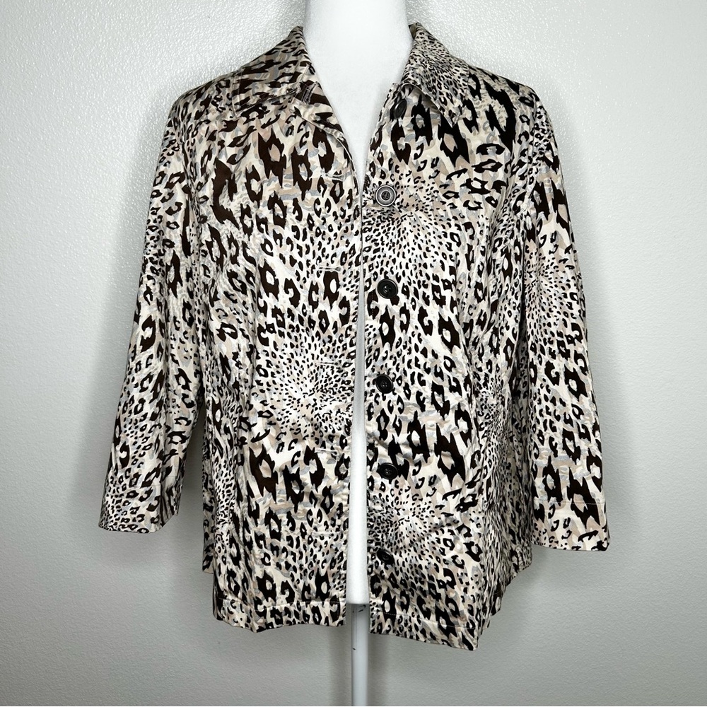 Additions by Chicos Womens Beige Button-Up Animal Print Jacket Size 2/ L